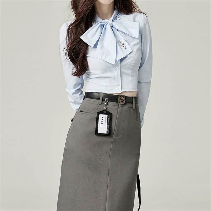 レディース トップス シャツ 長袖 スタンドカラー 蝶ネクタイ リボン ボタン 前開き 薄手 スリム 細身 ..