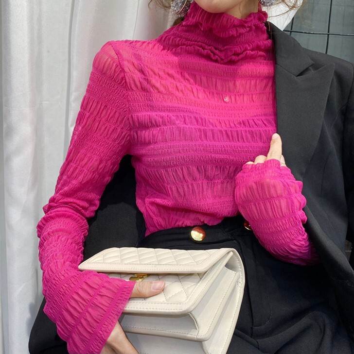 Long-Sleeved - レディース トップス シャツ 長袖 スリム 透け感 薄手 大人可愛い きれいめ シンプル おしゃれ かっこいい ラフ ガーリー クール 都会的 ナチュラル 無地 秋 冬 通勤 デート お出かけ お泊まり イベント 旅行 レストラン 公園 女子会 休日 韓国 オルチャン