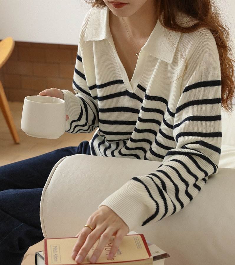 V-Neck - ボーダー柄 襟付き Vネック ニットセーター レディース トップス ニット セーター プルオーバー 丈長 長袖 角襟 ポロカラー リブ リブニット 伸縮性 バイカラー かわいい 大人可愛い きれいめ シンプル カジュアル おしゃれ こなれ感 ルーズ ボー 韓国 オルチャン