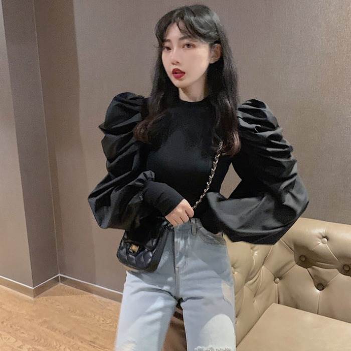 レディース トップス カットソー 袖異素材 切り替え パワーショルダー リブ ニットソー 長袖 ボリュームスリーブ ロングカフス プチハイネック モックネック 伸縮性 シンプル カジュアル 大人可愛い 上品 おしゃれ 存在感 個性的 着回し 学生 通学 デート 韓国 オルチャン