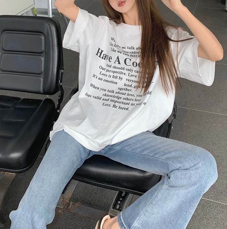 Print - レター プリント ルーズ 半袖 Tシャツ レディース トップス カットソー プルオーバー インナー 丈長 ラウンドネック 襟なし オーバーサイズ バイカラー かわいい 大人可愛い シンプル カジュアル おしゃれ こなれ感 ルーズ 存在感 英字 春 夏 秋 韓国 オルチャン