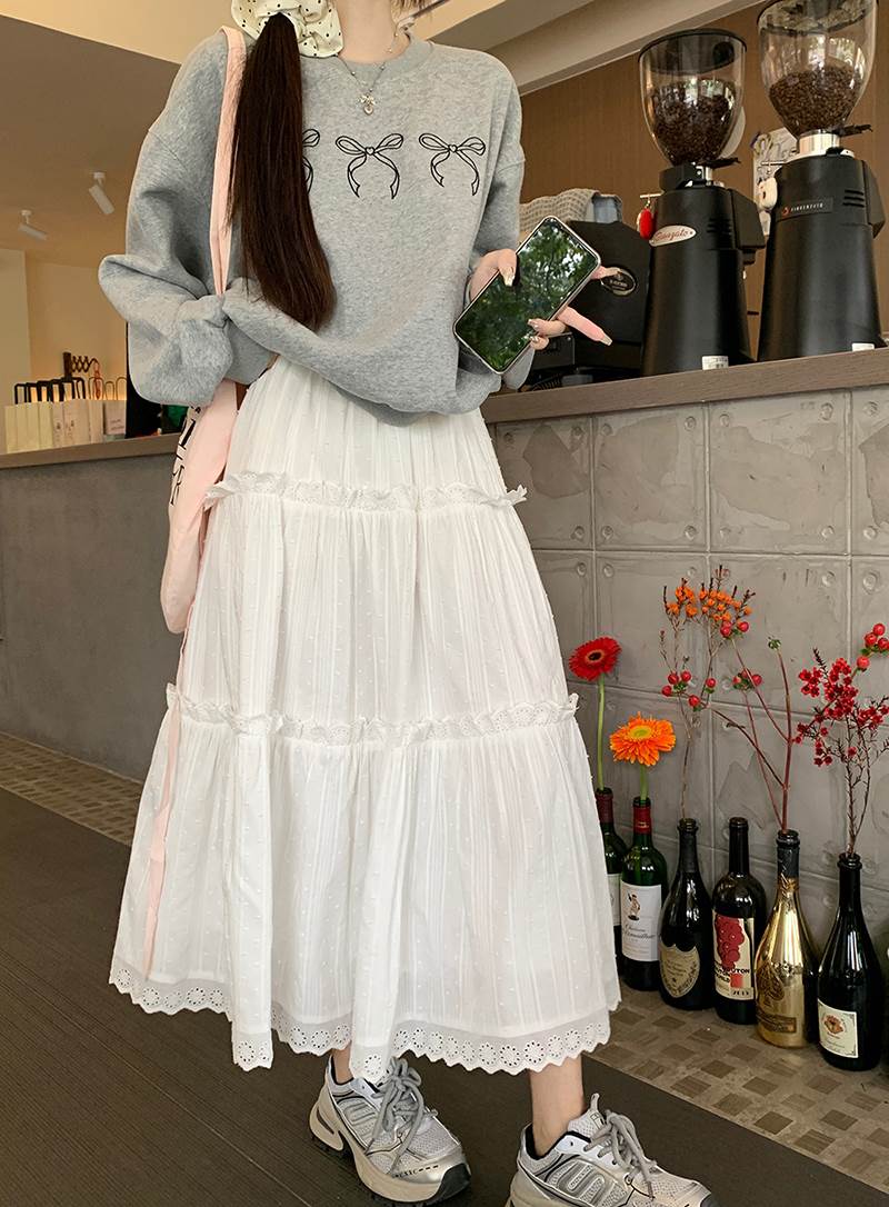 セットアップ トレーナー レーススカート 2点セット 上下セット レディース スカート トップス ロングスカート ティアードスカート ロング 長袖 ラウンドネック Aライン ティアード フェミニン レース リボン ハイウエスト ウエストゴム かわいい 韓国 オルチャン