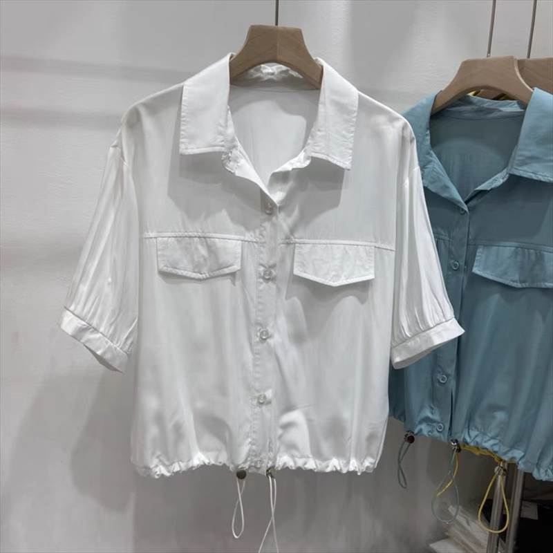 乐天商城 - レディース トップス シャツ 前開き 半袖 プリーツパフ Vネック 襟付き ポロカラー 落ち感 ポケット風 ドロスト 裾絞り ヴィンテージ アメカジ シンプル カジュアル おしゃれ こなれ感 ラフ ルーズ 個性的 抜け感 アメリカン アクティブ 無地 韓国 オルチャン