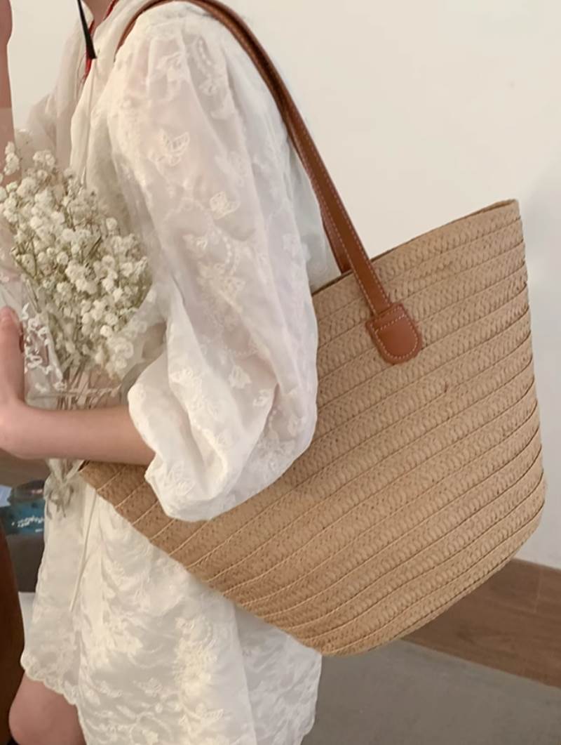 大容量 レザー ハンドル かごバッグ トートバッグ バッグ カバン レディース ショルダー ハンドバッグ トート マザーズバッグ 肩がけ 手持ち スクエア 四角 カゴ ストロー編み 麦わら かわいい 大人可愛い シンプル カジュアル お洒落 レトロ こなれ 韓国 オルチャン