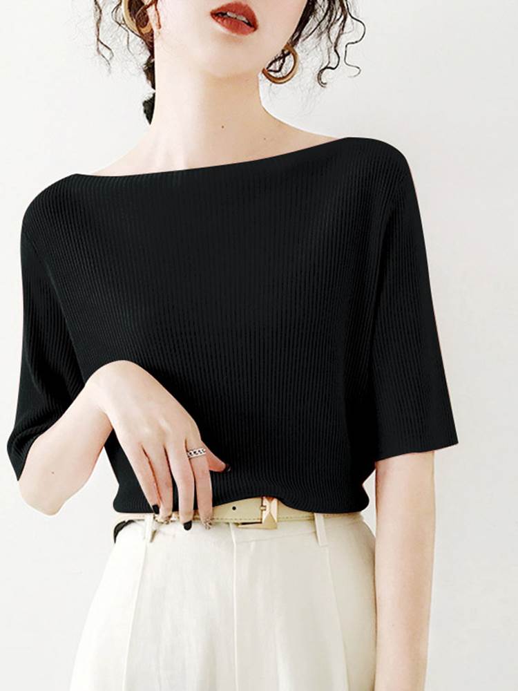 五分袖 ボートネック ニットセーター レディース トップス ニット セーター プルオーバー サマーニット 半袖 襟なし リブ リブニット かわいい 大人可愛い きれいめ シンプル カジュアル おしゃれ 無地 春 夏 秋 ママ 通勤 学生 学校 通学 デート 韓国 オルチャン(4)