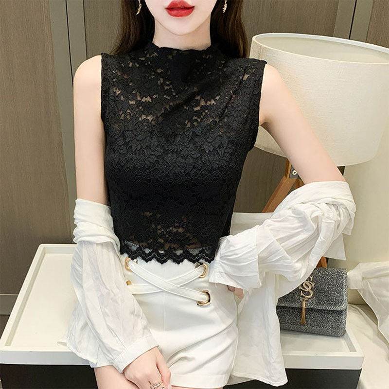 Other - 総花柄 レース ノースリーブ トップス レディース プルオーバー インナー ショート 袖なし スタンドカラー スカラップ スリム 細身 透け感 かわいい 大人可愛い きれいめ カジュアル 上品 おしゃれ ガーリー エレガント 花柄 フラワー 春 夏 秋 韓国 オルチャン