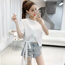 レディース トップス カットソー サイドリボン 斜め切り替え アンバランスヘム Tシャツ 半袖 クルーネック 個性的 大人可愛い シンプル カジュアル おしゃれ スタイリッシュ こなれ感 春 夏 秋 学生 通学 デート お出かけ 普段使い ビーチ リゾート 韓国 オルチャン