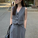 レディース パンツ ベスト スーツ セットアップ 前開き ロングパンツ ショート 袖なし ノースリーブ Vネック 襟なし フォーマル セパレート へそ出し タック ベルト ポケット ハイウエスト コンサバ 大人可愛い きれいめ シンプル カジュアル 上 韓国 オルチャン
