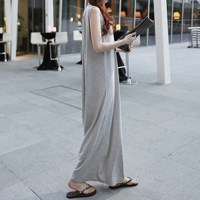 ワンピース ロング レディース 袖なし ノースリーブ ラウンドネック Iライン 大人可愛い きれいめ シンプル カジュアル 上品 おしゃれ かっこいい こなれ感 ラフ スポーティー ルーズ クール 存在感 抜け感 キュート 都会的 アクティブ ナチュラル 韓国 オルチャン