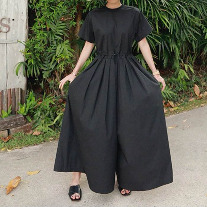 レディース パンツ オールインワン つなぎ パンツワンピ ガウチョパンツ ロングパンツ ワイドパンツ ジャンプスーツ ロング マキシ 半袖 クルーネック ワイド Aライン 裾ワイド ウエストマーク ハイウエスト ウエストゴム ドロスト シンプル 韓国 オルチャン
