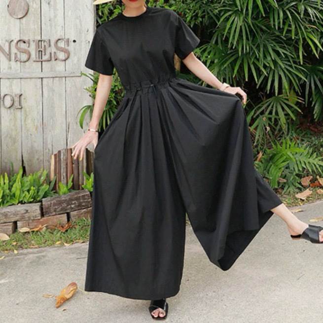 レディース パンツ オールインワン つなぎ パンツワンピ ガウチョパンツ ロングパンツ ワイドパンツ ジャンプスーツ ロング マキシ 半袖 クルーネック ワイド Aライン 裾ワイド ウエストマーク ハイウエスト ウエストゴム ドロスト シンプル 韓国 オルチャン