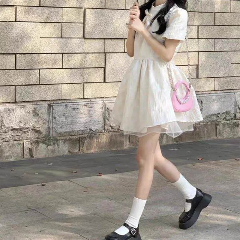 レディース スカート ワンピース フレアスカート ミニスカート ミニ 半袖 ラウンドネック 襟付き スタンドカラー チャイナカラー フレア スリム Aライン 切り替え フェミニン タックプリーツ チュール リボン かわいい カジュアル おしゃれ ガーリ 韓国 オルチャン