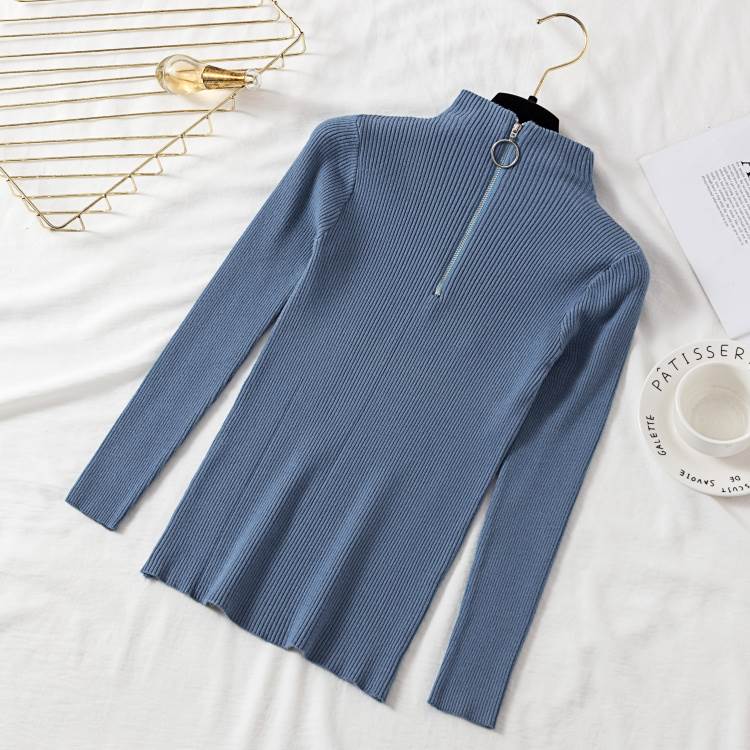 ハーフジップアップ リブニット レディース トップス セーター ニットソー スリム タイト 細身 スマー..