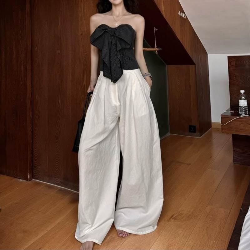 セットアップ チューブトップ ワイドパンツ 送料無料 トップス ボトムス レディース かわいい 大人可愛い きれいめ こなれ感 シンプル カジュアル 主役級 存在感 個性的 モダン フェミニン デート お出かけ セットアップ ハイウエスト スリム ポケット リボン 2点セット