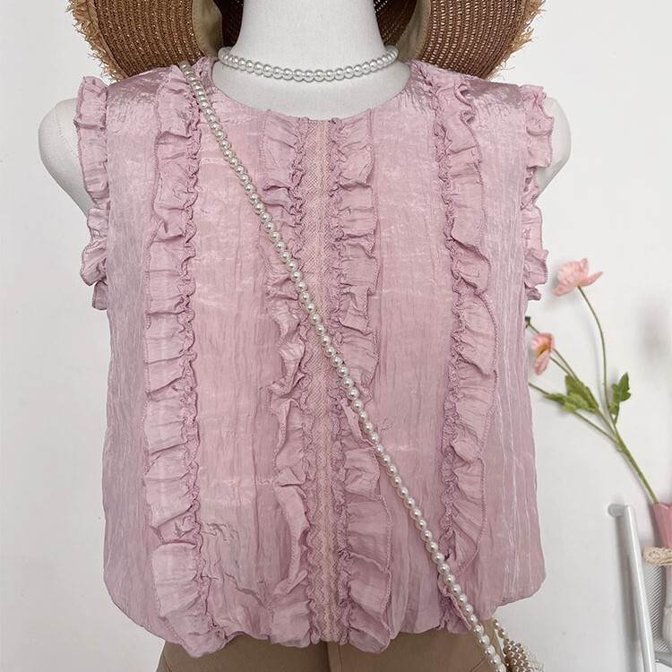 乐天商城 - 縦フリルライン レディース トップス ブラウス ショート 袖なし ノースリーブ ラウンドネック 襟なし フリル フロントレース バックファスナー かわいい 大人可愛い きれいめ シンプル カジュアル 上品 おしゃれ こなれ感 ガーリー 存在 韓国 オルチャン