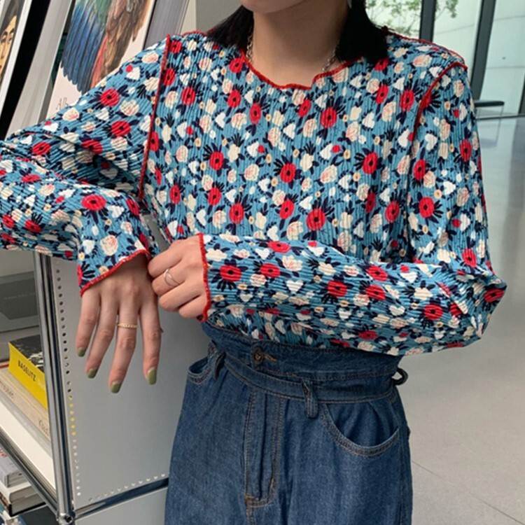 乐天商城 - レディース トップス シャツ 長袖 ラウンドネック プリーツ 大人可愛い きれいめ おしゃれ かっこいい レトロ ラフ ガーリー クール 都会的 ナチュラル 花柄 秋 冬 通勤 デート お出かけ お泊まり イベント 旅行 レストラン 公園 女子会 休日 韓国 オルチャン