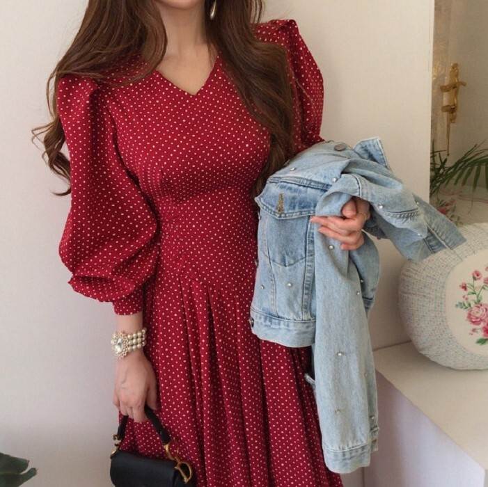 Rakuten - ワンピース ドレス スカート 長袖 ランタンスリーブ レディース かわいい 大人可愛い きれいめ こなれ感 シンプル カジュアル 主役級 存在感 個性的 韓国 オルチャン デート お出かけ ワンピース ロング丈 ミモレ丈 ハイウエスト Aライン Vネック ウエストマーク