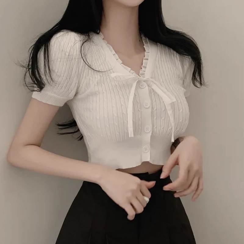 Nylon, Rayon, Polyester - カーディガン トップス 羽織 前開き ボタン リボン レディース かわいい 大人可愛い きれいめ 上品 こなれ感 シンプル カジュアル 主役級 存在感 個性的 韓国 オルチャン デート お出かけ カーディガン 半袖 ショート丈 アウター 華やか パフスリーブ Vネック モテ