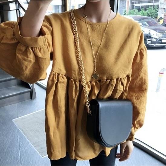 乐天商城 - シャツ カットソー ブラウス トップス 7分袖 ラウンドネック チュニック レディース かわいい 大人可愛い きれいめ こなれ感 シンプル カジュアル 主役級 存在感 個性的 韓国 オルチャン デート お出かけ シャツ プルオーバー 体型カバー Aライン ボリューム袖