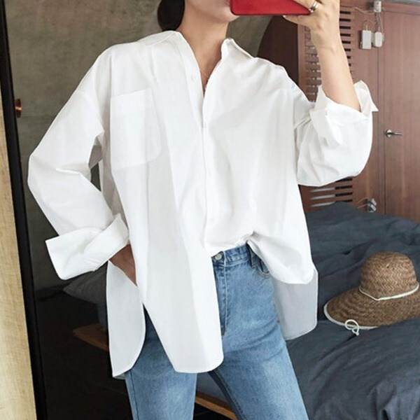 Long-Sleeved - シャツ ブラウス トップス カットソー 襟付き ポロカラー レディース かわいい 大人可愛い きれいめ 上品 こなれ感 シンプル カジュアル 主役級 存在感 個性的 韓国 オルチャン デート お出かけ シャツ ミディアム丈 前開き ポケット サイドスリット チュニック