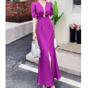 ワンピース ドレス ロング丈 Vネック タイト スリム レディース かわいい 大人可愛い きれいめ 上品 こなれ感 シンプル カジュアル 主役級 存在感 個性的 韓国 オルチャン デート お出かけ ワンピース 細身 ウエストマーク 半袖 5分袖 フロントスリット 薄手 美脚