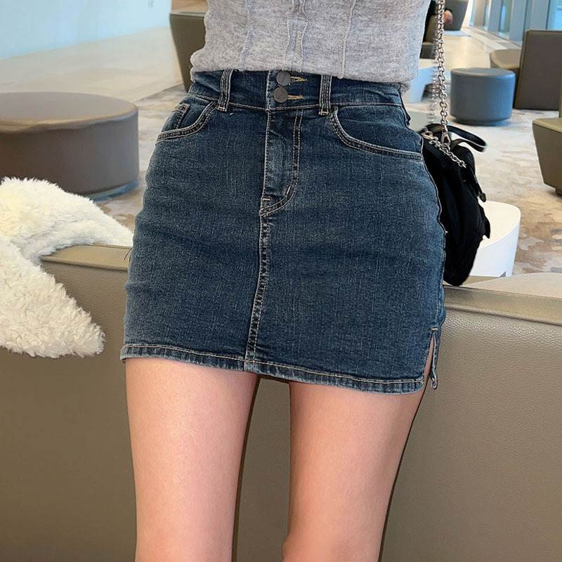 乐天商城 - デニムスカート ボトムス ミニ丈 ショート丈 ハイウエスト 脚長 美脚 タイト レディース かわいい 大人可愛い きれいめ 上品 こなれ感 シンプル カジュアル 主役級 存在感 個性的 韓国 オルチャン デート お出かけ デニムスカート Aライン サイドスリット ファスナー モダン