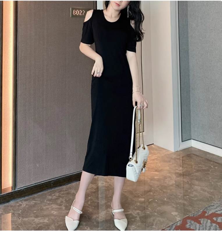 乐天商城 - ワンピース フレア ミモレ ロング 8分丈 半袖 Uネック オフショルダー ワンショルダー タイト スリム ストレート 大人可愛い きれいめ シンプル 上品 おしゃれ エレガント ラグジュアリー セクシー 無地 春 夏 誕生日 結婚式 花嫁 二次 韓国 オルチャン