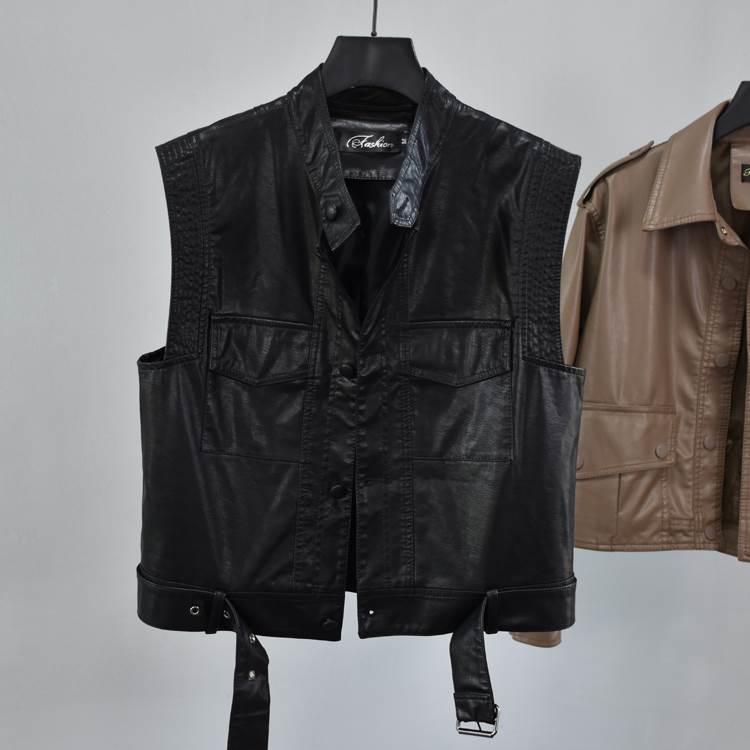 背心 - レディース トップス ジャケット ベスト 上着 ノースリーブ スタンドカラー ストレート シングルブレスト ポケット 前開き ボタン レザー かわいい 大人可愛い きれいめ シンプル カジュアル おしゃれ かっこいい レトロ ガーリー クール 韓国 オルチャン