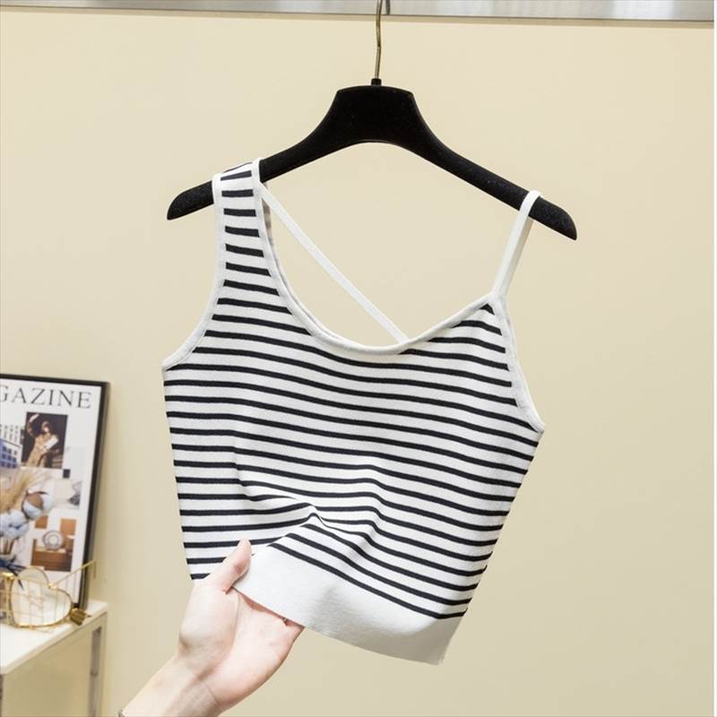 樂天商城 - クロップドタンクトップ アシンメトリー ボーダー レディース トップス インナー キャミソール タンクトップ ミニ ショート クロップド丈 袖なし ノースリーブ ラウンドネック タイト スリム 細身 アシンメトリー かわいい 大人可愛い きれいめ 韓国 オルチャン