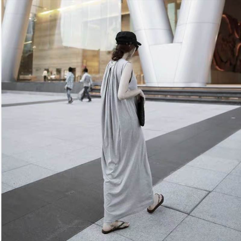 ワンピース 韓国風 オルチャン リラックスワンピース 綿 コットン 大人カジュアル リゾート ふんわり ラフ リラックス こなれ感 ロング ノースリーブ Uネック ラウンドネック ストレート Iライン 可愛い かわいい 大人可愛い きれい シンプル 韓国 オルチャン