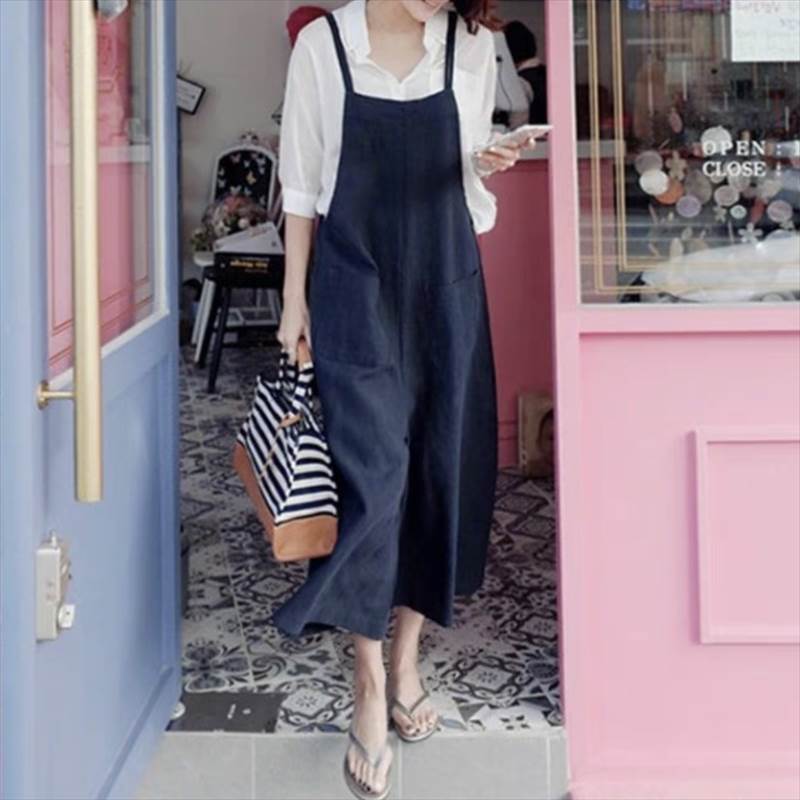 Linen, Hemp - サロペット 韓国風 オルチャン オールインワン 綿麻 膝丈 ひざ丈 アンクル 綿 コットン リネン 麻 袖なし ノースリーブ スクエアネック ポケット付 ストレート Iライン きれい きれいめ シンプル カジュアル 大人 大人カジュアル 上品 おしゃ 韓国 オルチャン