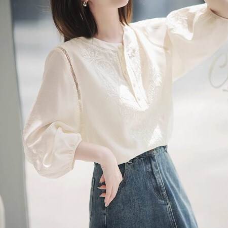 乐天商城 - レディース トップス シャツ ブラウス プルオーバー 9分袖 パフスリーブ ヘンリーネック 襟なし ノーカラー フェミニン 花柄刺繍 透け感 シアー かわいい 大人可愛い きれいめ シンプル カジュアル 上品 おしゃれ こなれ感 抜け感 クラシカル ナチュ 韓国 オルチャン
