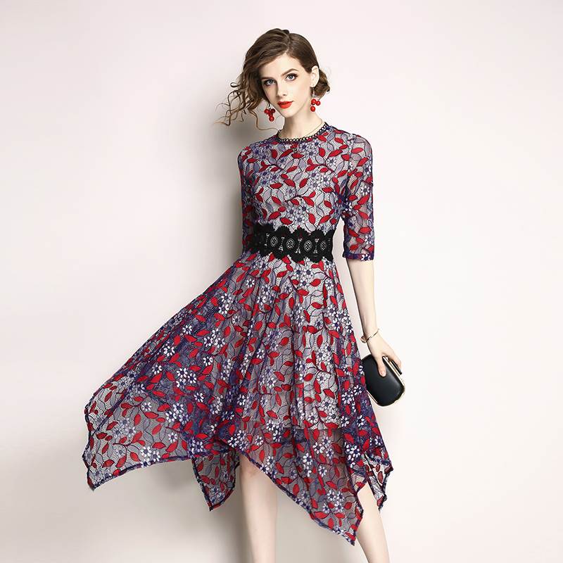 樂天商城 - レース ワンピース レディース ドレス フレア ミモレ丈 七分袖 クルーネック ベルト風レース 透け感 シースルー 植物柄 ポリエステル きれいめ セクシー 大人 おしゃれ 個性的 存在感 パーティー イベント 結婚式 披露宴 デート 大きいサイズ 2XL 3XL 韓国 オルチャン