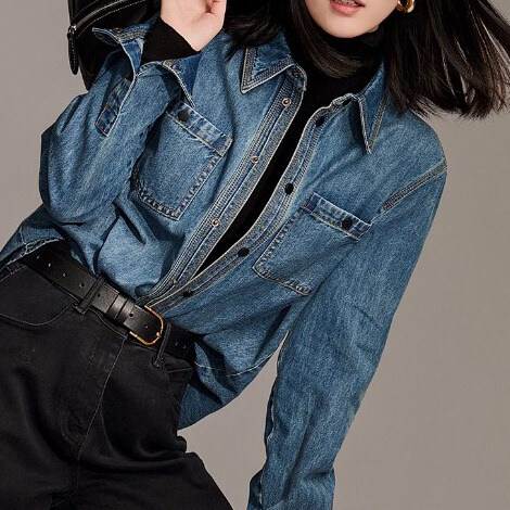 Long-Sleeved - レディース トップス シャツ デニム 羽織 前開き 長袖 襟付き 角襟 フェミニン ポケット ボタン アメカジ かわいい 大人可愛い きれいめ シンプル カジュアル 上品 おしゃれ こなれ感 メンズライク クール 抜け感 ベーシック アメリカン 無地 春 秋 韓国 オルチャン