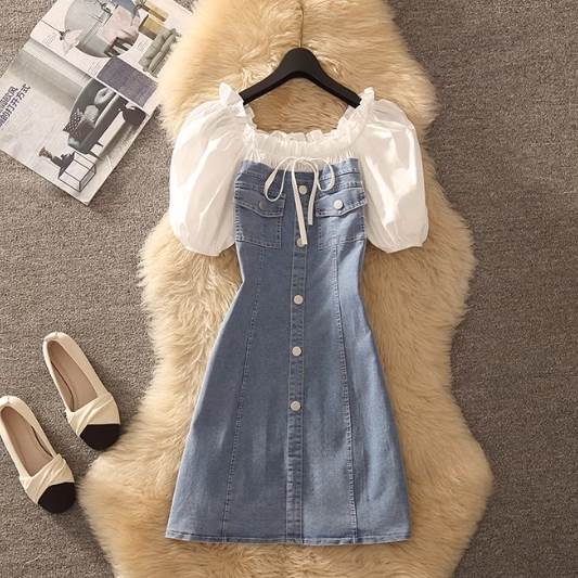 樂天商城 - レディース ワンピース サマーワンピ デニム ミニ ショート 半袖 パフスリーブ スクエアネック オフショルダー タイト スリム 細身 切り替え ドッキング フリル リボン ポケット ハイウエスト 2way 切り替えデザイン かわいい 大人可愛い ガーリー 韓国 オルチャン