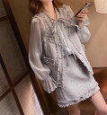 レディース スカート トップス ジャケット ブラウス ベスト セットアップ アンサンブル 上着 ツイードツーピース 前開き タイトスカート 膝下 ボリューム袖 萌袖 フリル袖 バルーン袖 ボウタイ りぼんタイ ネクタイ付き セパレート フェミニン リ 韓国 オルチャン