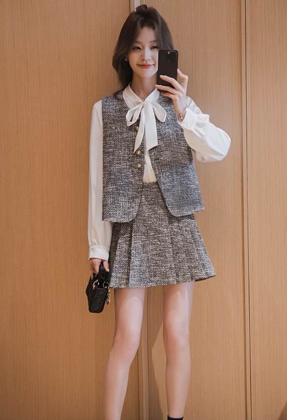 レディース スカート ジャケット ベスト セットアップ アンサンブル プリーツスカート ミニスカート ミニ タイト スリム 細身 Aライン フェミニン ポケット 2way コンサバ ボタン ツイード 大人可愛い きれいめ シンプル 上品 おしゃれ こなれ 韓国 オルチャン