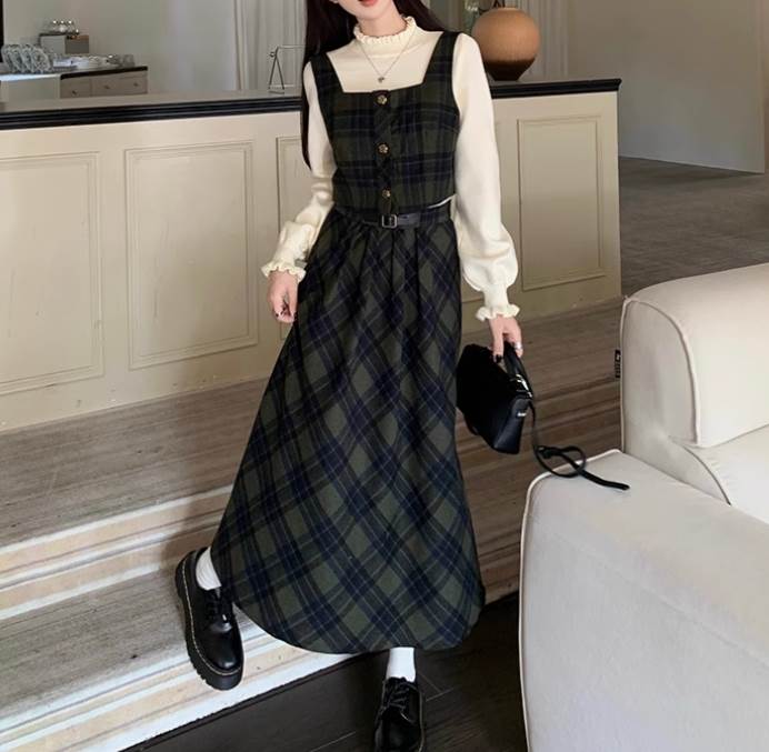 レディース ワンピース セットアップ アンサンブル ロングスカート ツーピーストップス ロング 長袖 萌袖 フリル袖 ラウンドネック タートルネック セミフレア Aライン セパレート フェミニン ウエストマーク 3way リブニット セーラー風 ニッ 韓国 オルチャン