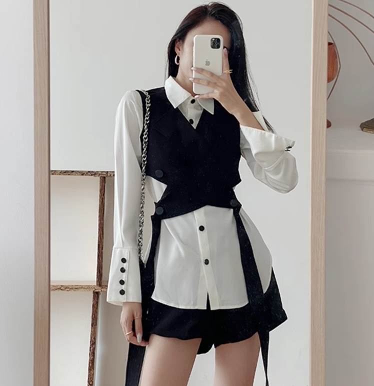 レディース トップス パンツ ボトムス シャツ ベスト セットアップ アンサンブル ミニ 長袖 ボリューム袖 襟付き 角襟 セパレート ストリート ベルト ウエストマーク 2way 3way 綿 コットン きれいめ シンプル 上品 おしゃれ かっこいい ラフ メ 韓国 オルチャン
