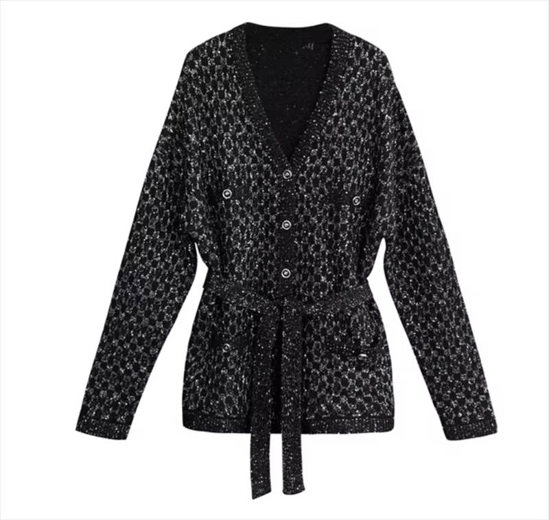 レディース トップス ニット セーター カーディガン 長袖 ラメ感 Vネック 細身 Aライン フェミニン ベルト ウエストマーク ウエストリボン スパンコール オーガンジー ツイード ボタン ヴィンテージ 中厚手 ニット かわいい 大人可愛い シンプル カ 韓国 オルチャン