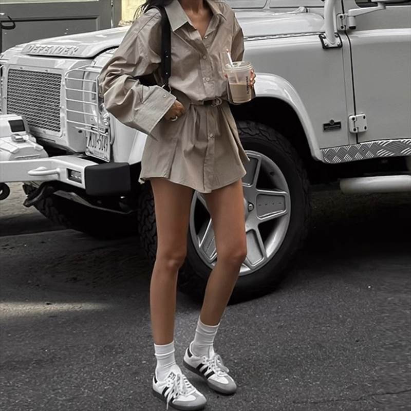 レディース ワンピース ミニ ショート 長袖 襟付き 角襟 ワイド Aライン ベルト ウエストマーク ハイウエスト 前開き 大人可愛い きれいめ シンプル カジュアル おしゃれ アクティブ ナチュラル 無地 春 秋 ママ 韓国 オルチャン 送料無料 個性的 ワンピース 学生 学校 通学