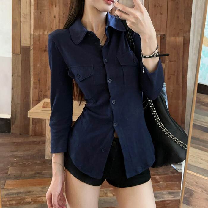 3-Quarter Sleeves - レディース トップス シャツ 7分袖 襟付き 角襟 スリム 細身 ポケット 薄手 かわいい 大人可愛い きれいめ シンプル カジュアル 上品 おしゃれ こなれ感 都会的 ラフ 抜け感 ベーシック セクシー 無地 春 夏 秋 送料無料 個性的 トップス 学生 学校 通学 韓国 オルチャン
