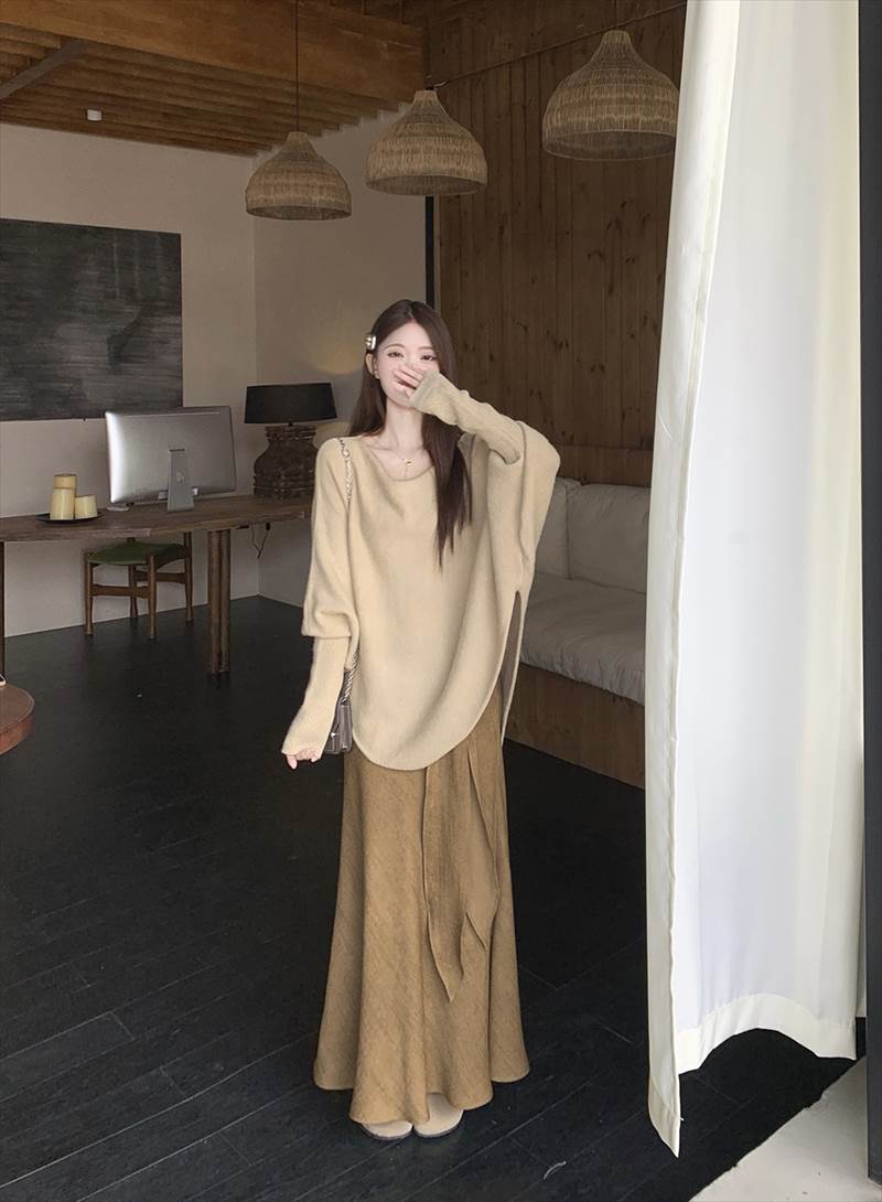 ORIENTAL WINDのレディース セットアップ スカート トップス ボトムス ニット セーター プルオーバー ロング マキシ 丈長 長袖 ドルマンスリーブ Vネック Aライン 切り替え ウエストマーク リブ ウエストゴム かわいい 大人可愛い 送料無料 個性的 セットアップ きれいめ 韓国 オルチャン｜アングル2