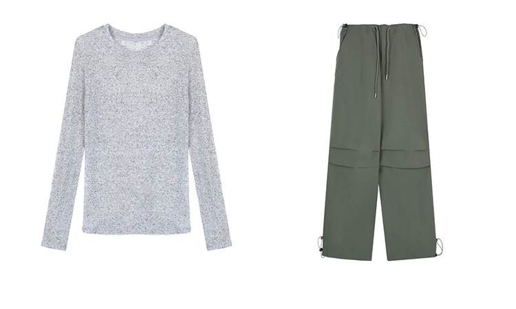 セットアップ レディース トップス パンツ ボトムス ニット セーター プルオーバー ロングパンツ ワークパンツ 長袖 萌袖 ラウンドネック 紐 フェミニン 透け感 アメカジ 薄手 かわいい 大人可愛い きれいめ シンプル カジュアル 上品 お 韓国 オルチャン