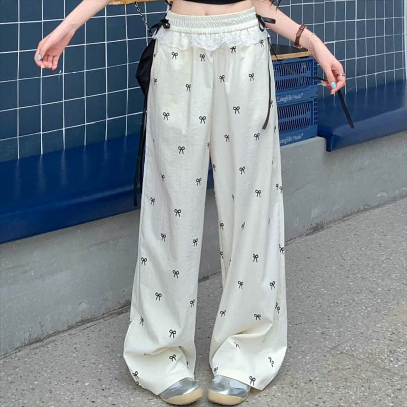 乐天商城 - レディース パンツ ボトムス ストレートパンツ ロングパンツ イージーパンツ カジュアルパンツ ロング 切り替え レース リボン ハイウエスト ウエストゴム かわいい 大人可愛い きれいめ シンプル カジュアル 上品 おしゃれ 送料無料 個性的 パンツ こなれ感 韓国 オルチャン