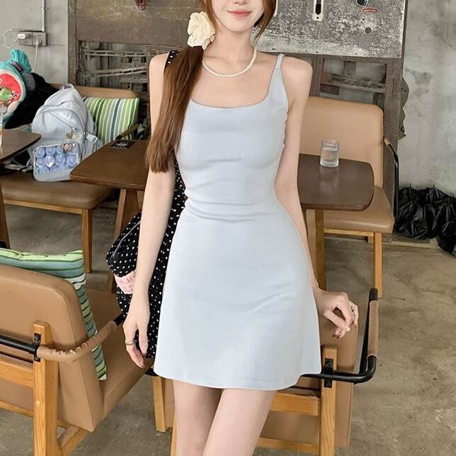 Short - レディース スカート ワンピース ミニ ノースリーブ ラウンドネック スリム 細身 Aライン ハイウエスト かわいい 大人可愛い きれいめ シンプル カジュアル 上品 おしゃれ レトロ ラフ スポーティー 大人女子 こなれ感 送料無料 個性的 ワンピース 無地 韓国 オルチャン