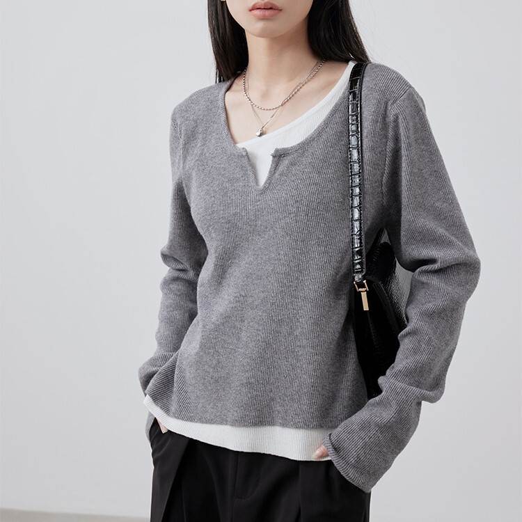 乐天商城 - レディース トップス ニット セーター 重ね着風 長袖 ラウンドネック スリム 細身 ストレート かわいい 大人可愛い きれいめ シンプル カジュアル おしゃれ かっこいい こなれ感 都会的 ベーシック ラフ ルーズ クール 送料無料 個性的 トップス 無地 秋 韓国 オルチャン