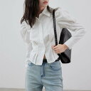 レディース トップス シャツ ショート 長袖 パフスリーブ ポロカラー スリム 細身 ストレート ボタン かわいい 大人可愛い きれいめ シンプル カジュアル 上品 おしゃれ レトロ
