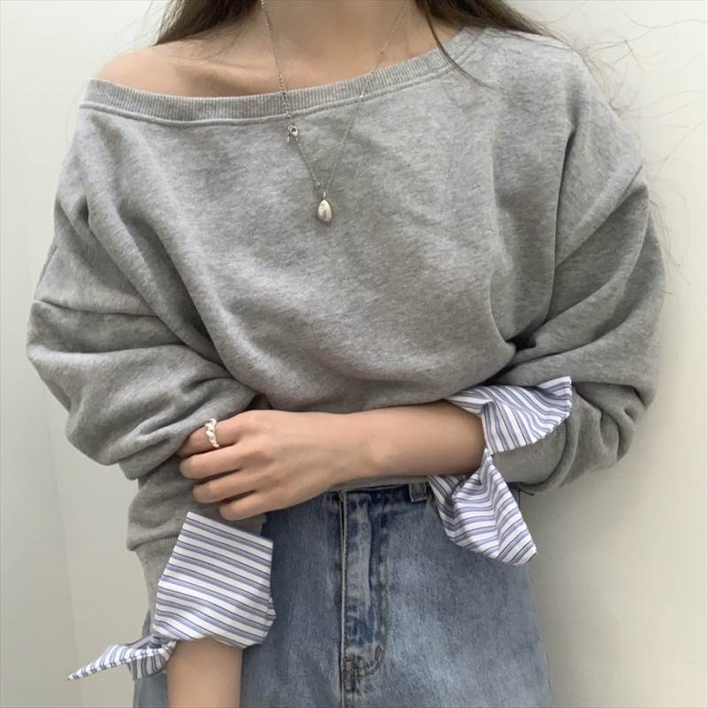 樂天商城 - レディース トップス カットソー プルオーバー スウェット カフス付き レイヤード風 長袖 ドロップショルダー ボートネック オフショルダー 切り替え ドッキング フェミニン ルーズフィット 切り替えデザイン 送料無料 個性的 トップス 大人可愛い 大人女子 韓国 オルチャン