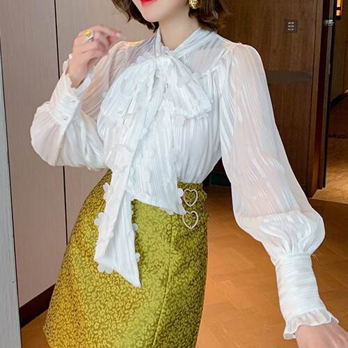 Rakuten - レディース トップス シャツ ブラウス 長袖 ボリューム袖 フリル袖 ボウタイ りぼんタイ 花飾り フェミニン 透け感 シースルー かわいい 大人可愛い きれいめ シンプル カジュアル 上品 おしゃれ こなれ感 都会的 送料無料 個性的 トップス フォーマル 韓国 オルチャン
